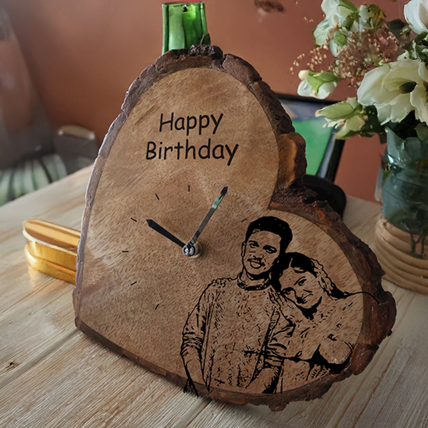 Heart-Shaped Engraved Wooden Clock – Custom Birthday Gift (20x20 cm)