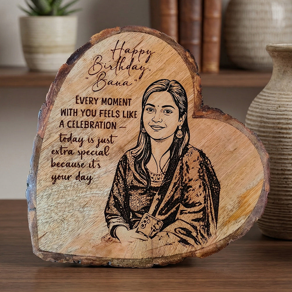Heart Printed Wooden Plaque – Bark Edge 20×20 cm (Style 2)