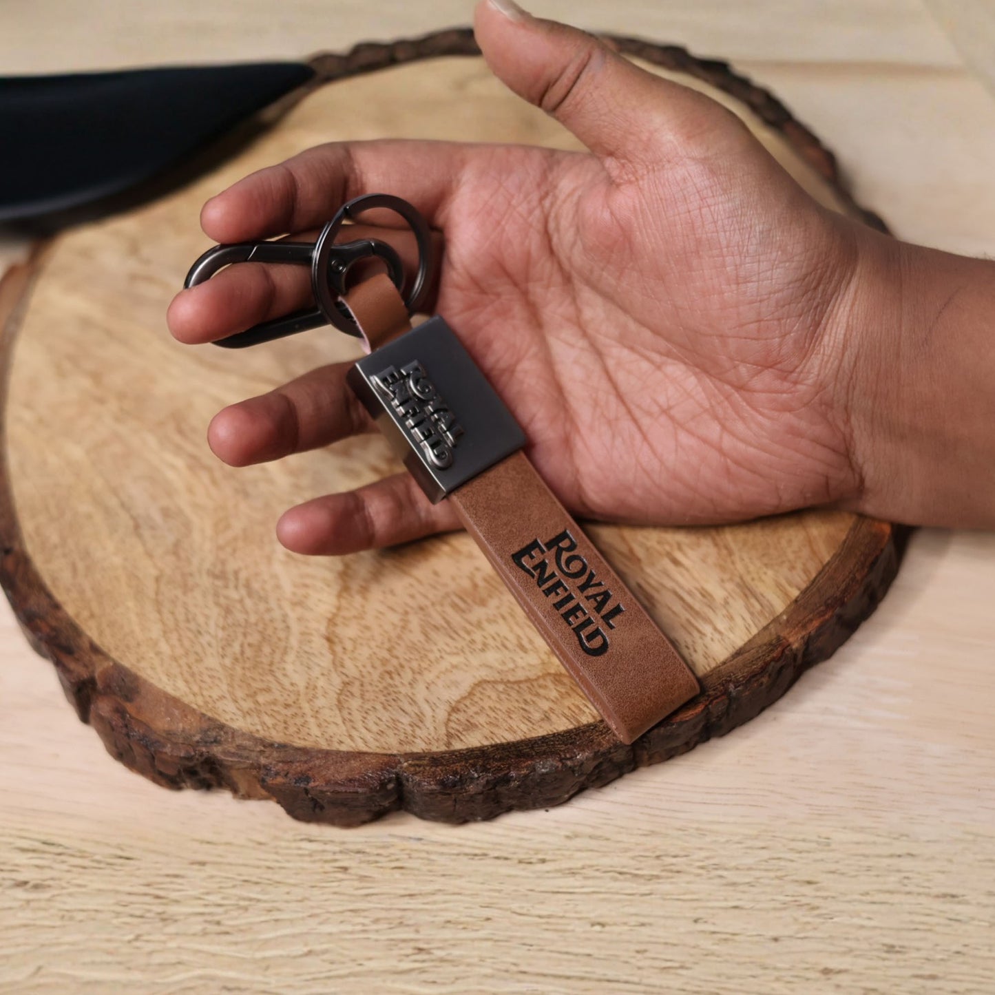 Personalized Royal Enfield Leather Keychain – Custom Engraved Brown Leather Key Holder with Carabiner Clip