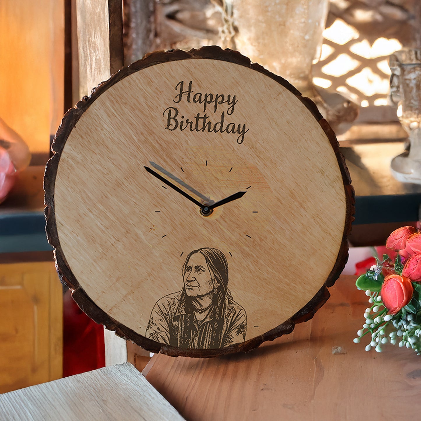 Engraved Round Wooden Clock  (20x20 cm)
