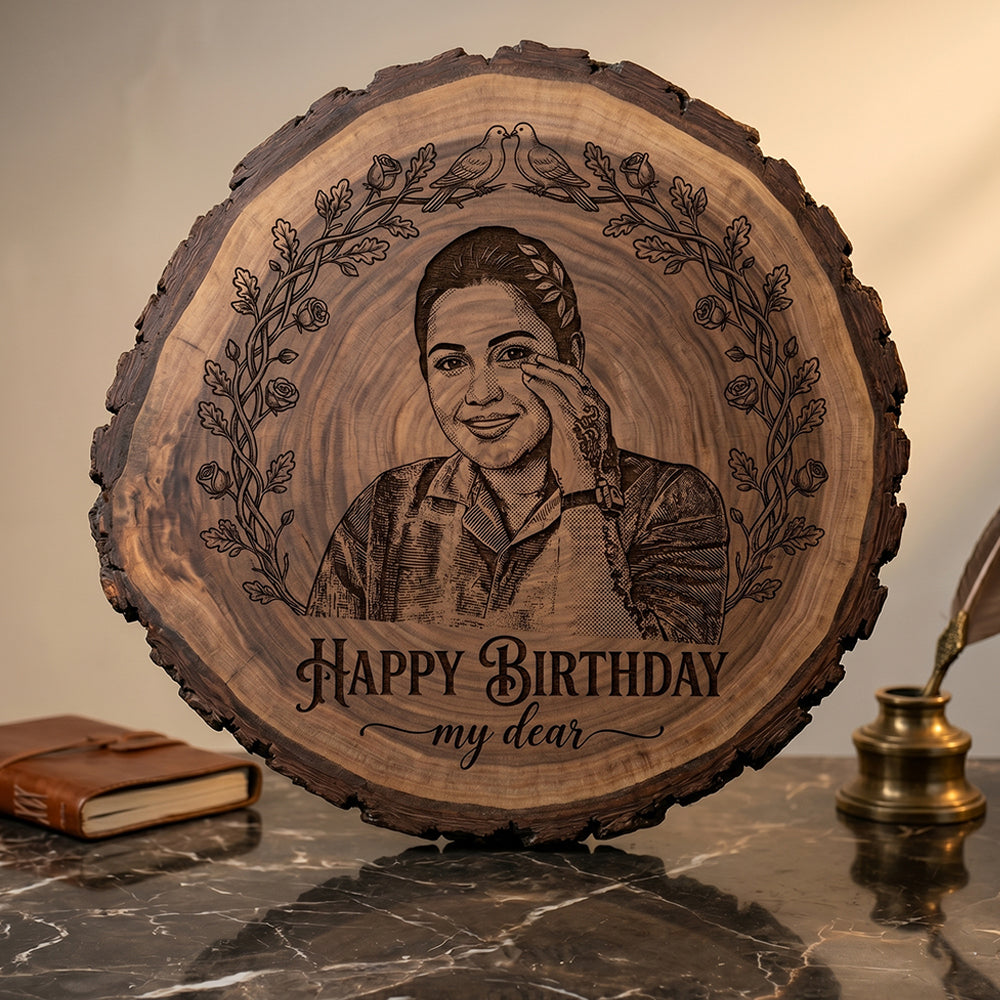 Wooden Engraved Plaque with bark  – 8" Dia