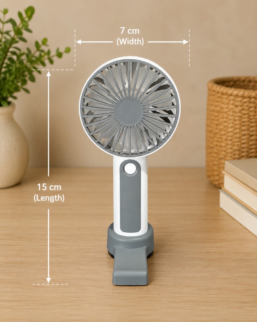 Portable USB Rechargeable Handheld Fan | 3-Speed Mini Desk & Personal Cooling Fan with Detachable Stand | Type-C Charging | Low Noise | White & Grey