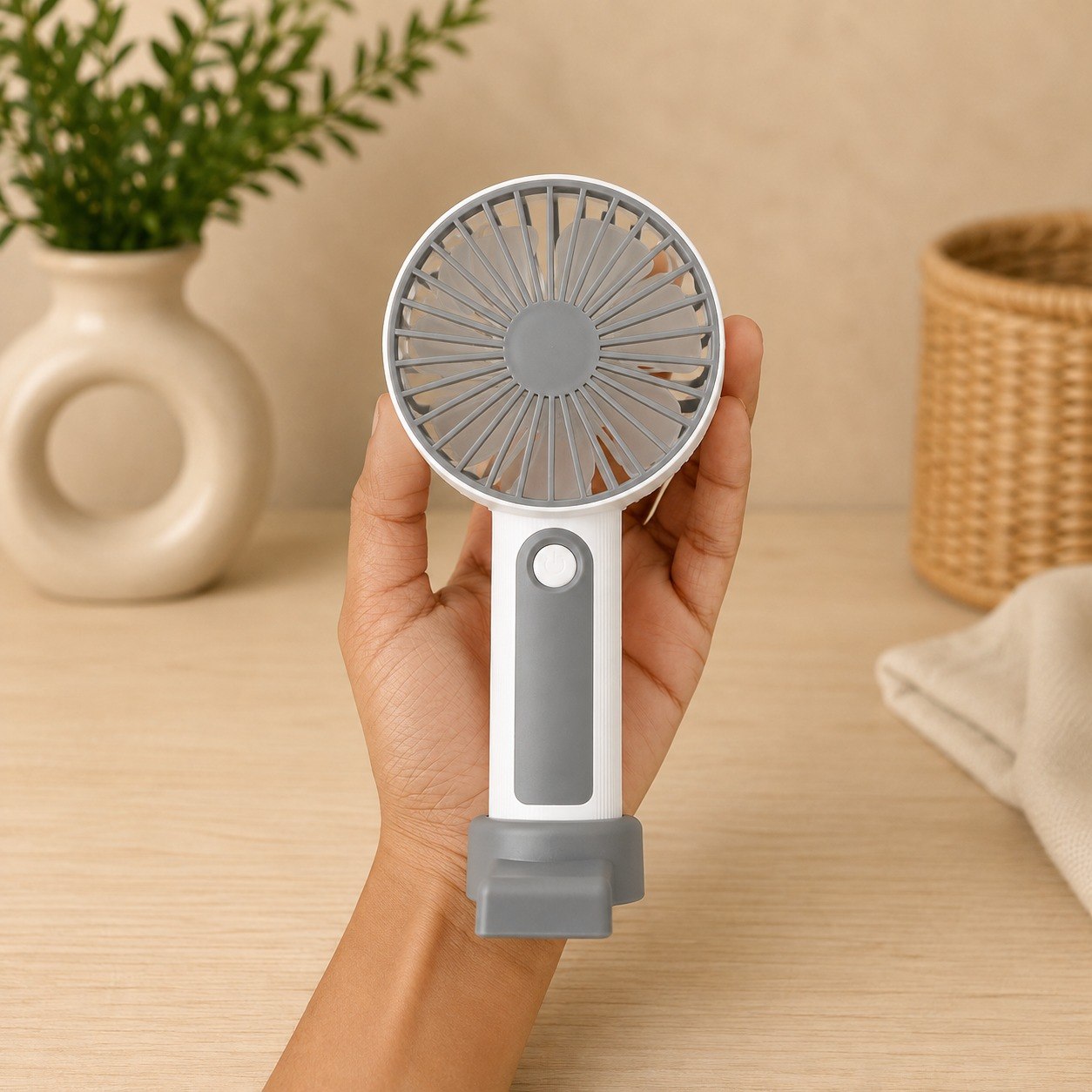 Portable USB Rechargeable Handheld Fan | 3-Speed Mini Desk & Personal Cooling Fan with Detachable Stand | Type-C Charging | Low Noise | White & Grey