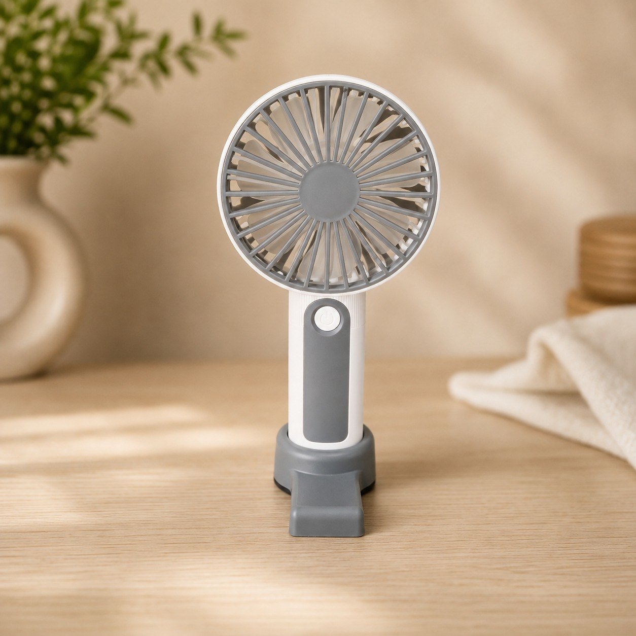 Portable USB Rechargeable Handheld Fan | 3-Speed Mini Desk & Personal Cooling Fan with Detachable Stand | Type-C Charging | Low Noise | White & Grey