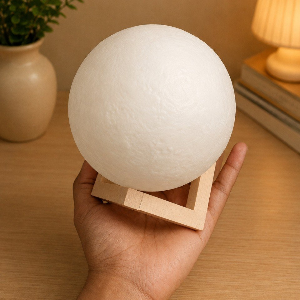 3D Moon Lamp with Wooden Stand | Touch Control LED Night Light | Color Changing Moon Light | Battery Powered Decorative Lamp for Bedroom, Kids Room & Gifts