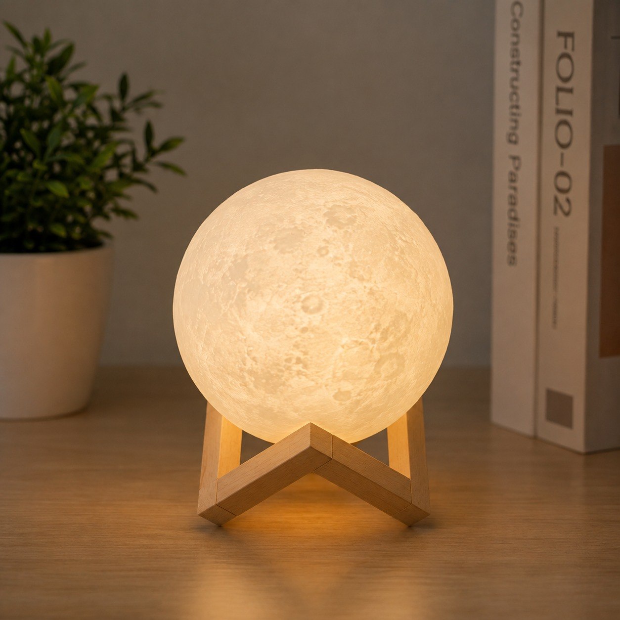 3D Moon Lamp with Wooden Stand | Touch Control LED Night Light | Color Changing Moon Light | Battery Powered Decorative Lamp for Bedroom, Kids Room & Gifts