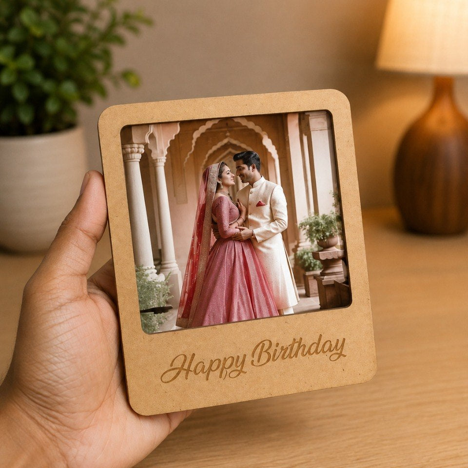 Bramika Artifacts Personalized Wooden Photo Frame with Custom Photo | Happy Birthday Engraved MDF Frame | Freestanding Tabletop Gift | 12 × 10 cm