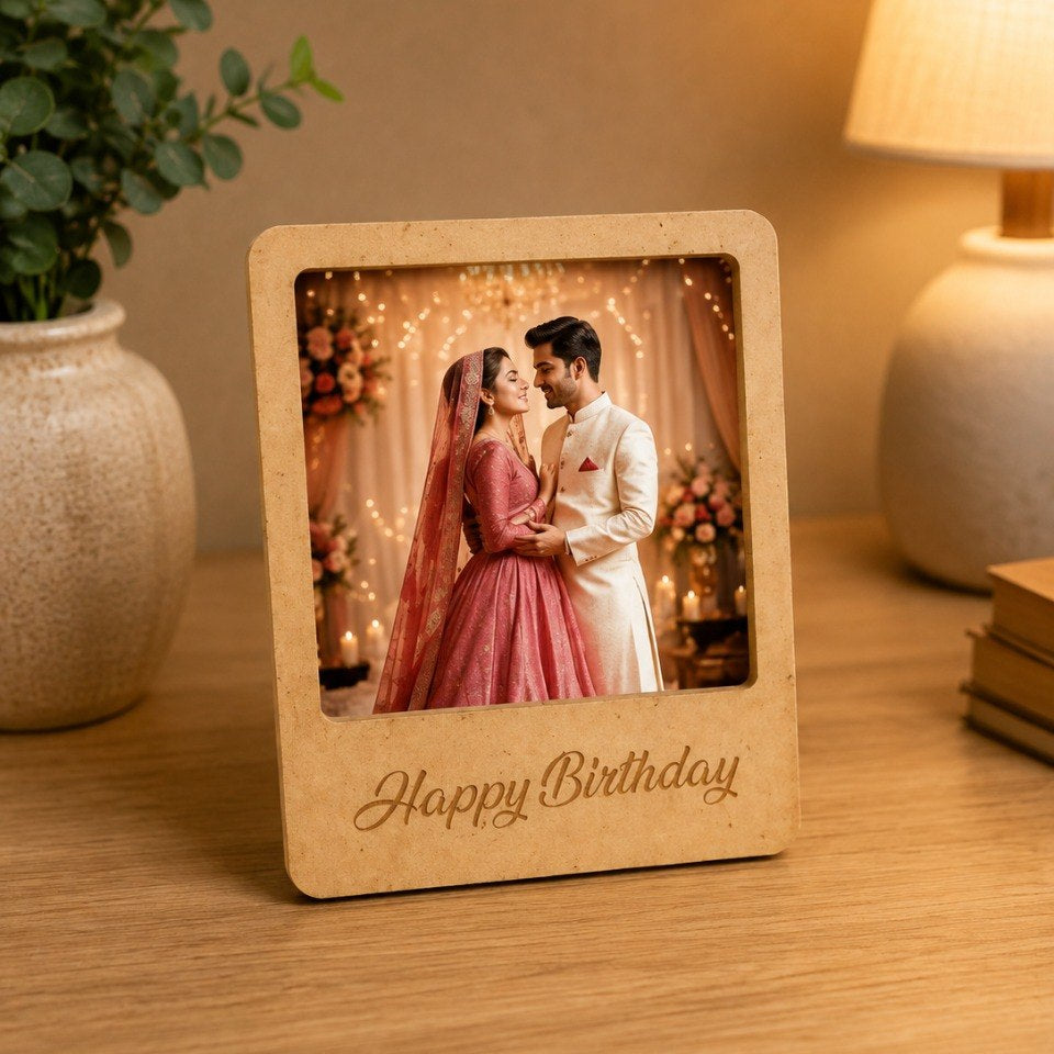 Bramika Artifacts Personalized Wooden Photo Frame with Custom Photo | Happy Birthday Engraved MDF Frame | Freestanding Tabletop Gift | 12 × 10 cm
