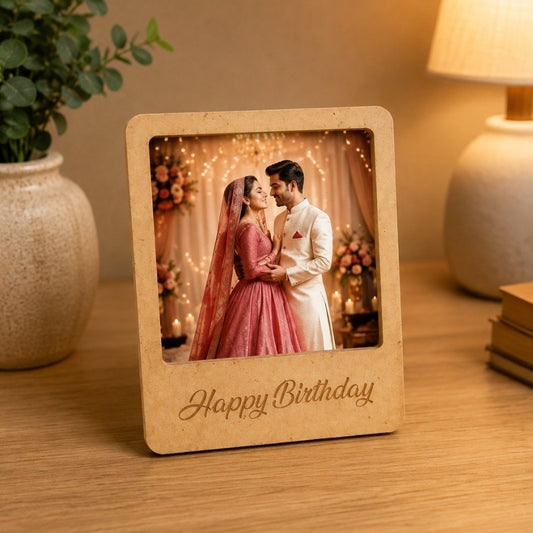 Bramika Artifacts Personalized Wooden Photo Frame with Custom Photo | Happy Birthday Engraved MDF Frame | Freestanding Tabletop Gift | 12 × 10 cm