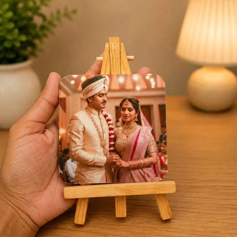Bramika Artifacts® Personalized Wooden Photo Plaque with Mini Wooden Easel Stand | Custom Square Photo Display | 9 x 9 cm | Wedding, Anniversary & Birthday Gift