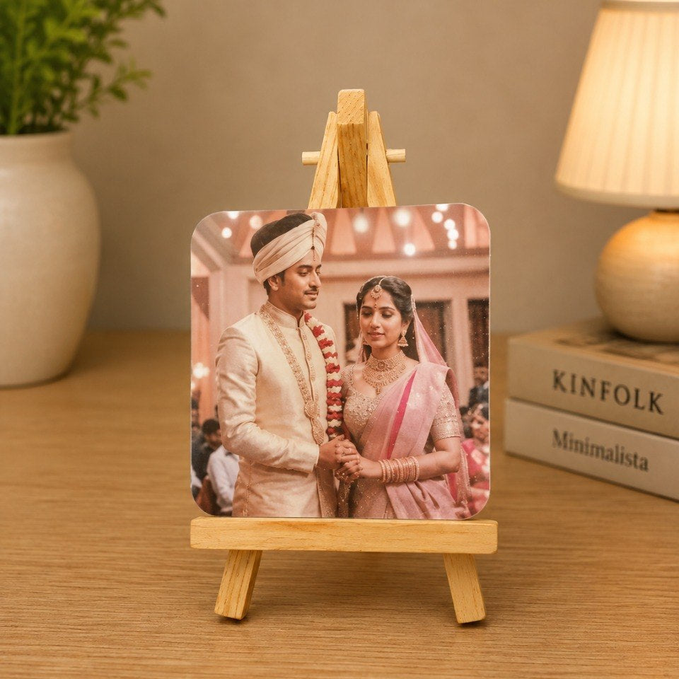 Bramika Artifacts® Personalized Wooden Photo Plaque with Mini Wooden Easel Stand | Custom Square Photo Display | 9 x 9 cm | Wedding, Anniversary & Birthday Gift