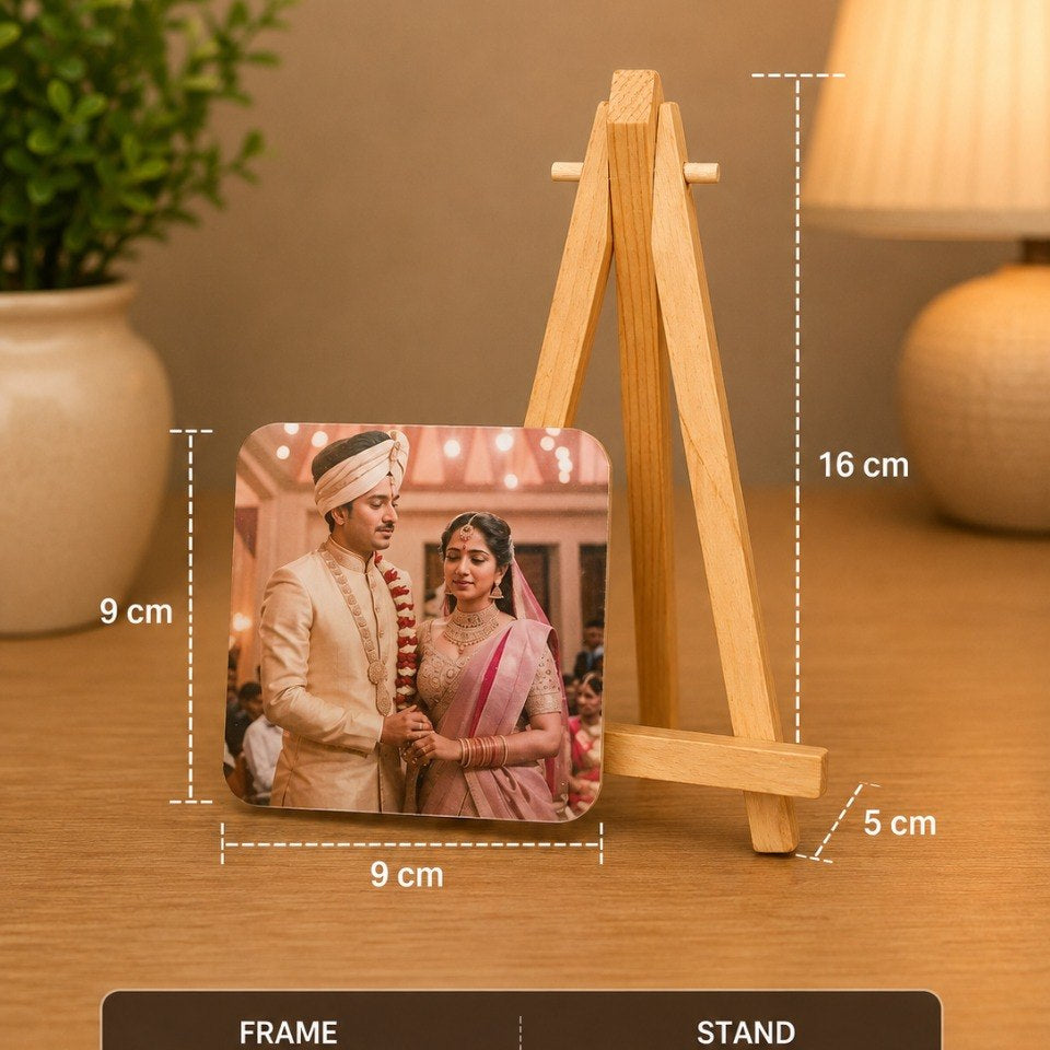 Bramika Artifacts® Personalized Wooden Photo Plaque with Mini Wooden Easel Stand | Custom Square Photo Display | 9 x 9 cm | Wedding, Anniversary & Birthday Gift
