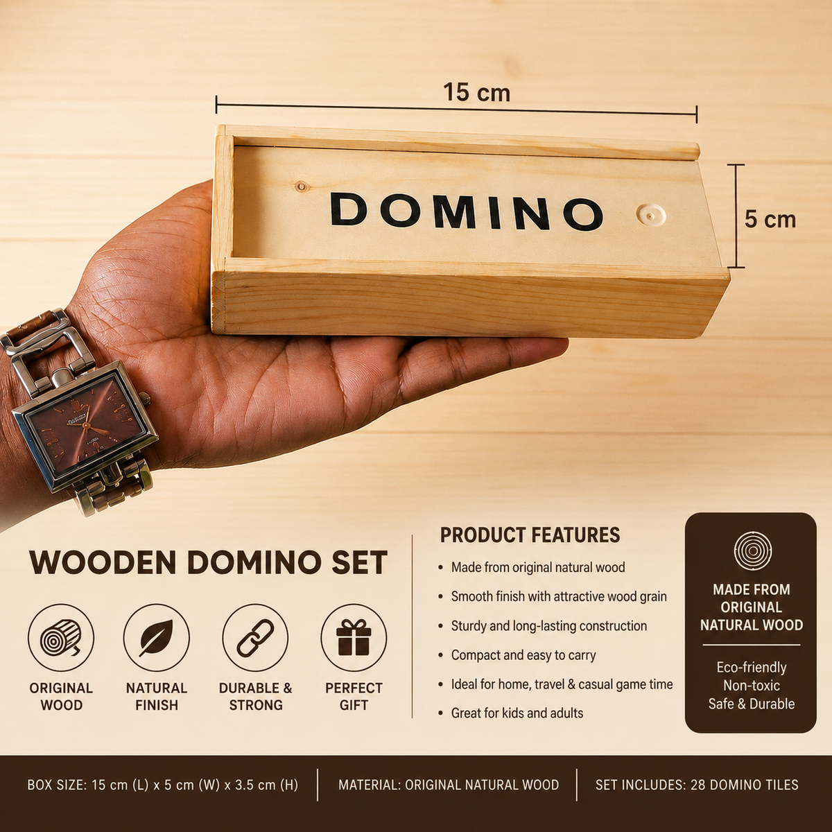 Premium Original Natural Wooden Domino Set with Sliding Storage Box | Classic Family Board Game | Smooth Finish | Travel-Friendly Gift
