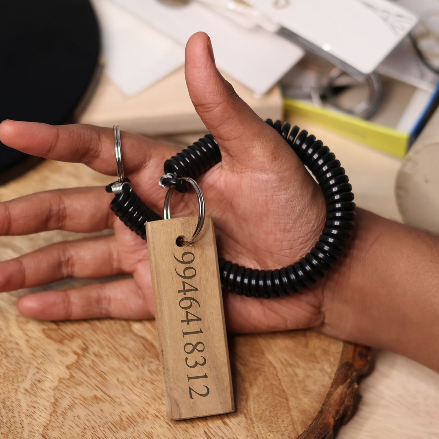 Personalized Wooden Contact Keychain – Custom Phone Number Key Ring - W2