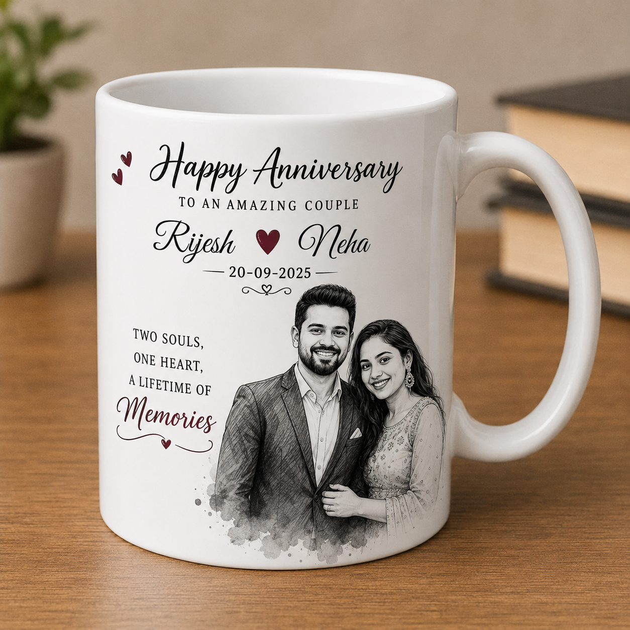 Photo Sketched Mug – Personalized Custom Portrait Coffee Mug | Black & White Sketch Effect | Couple, Birthday & Anniversary Gift