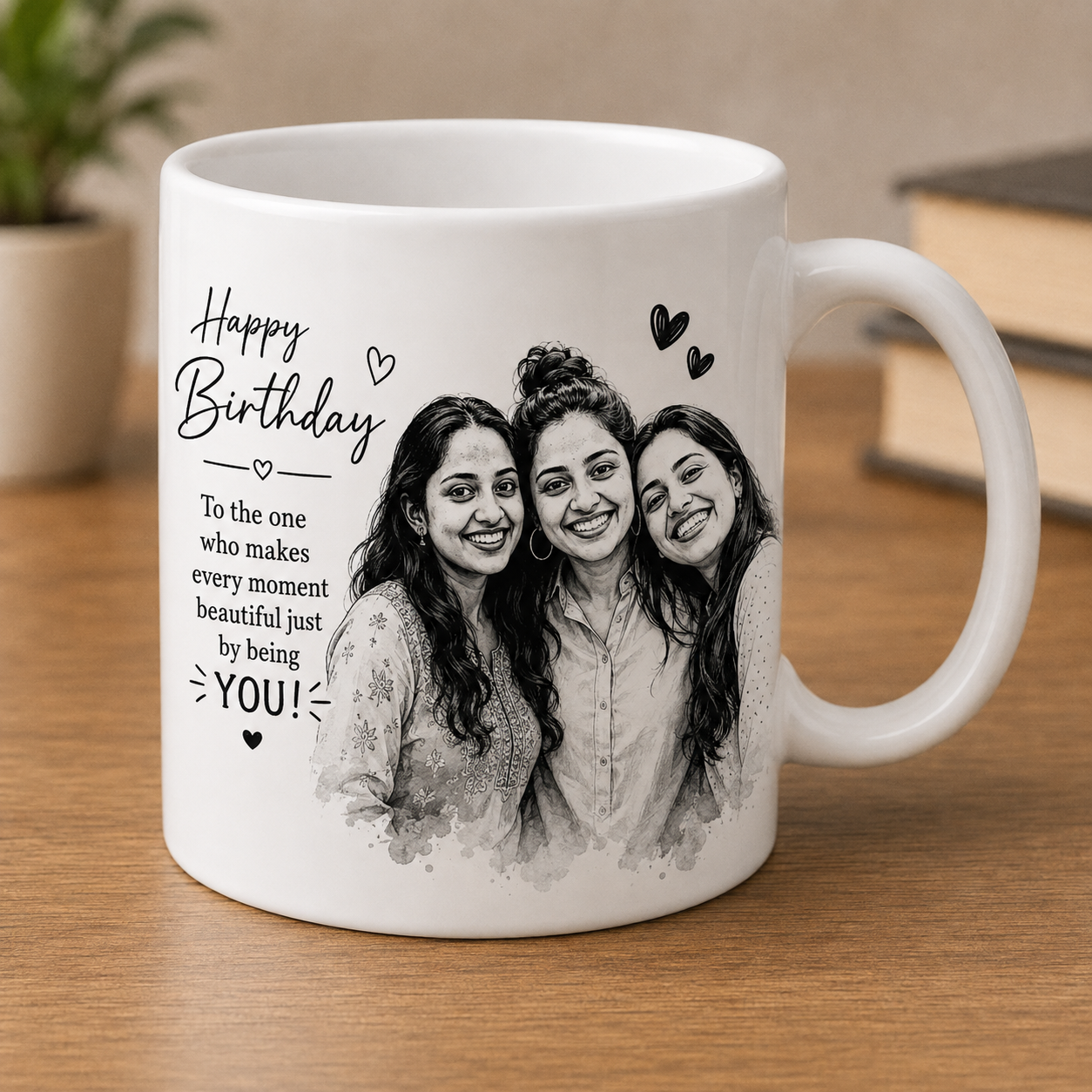 Photo Sketched Mug – Personalized Custom Portrait Coffee Mug | Black & White Sketch Effect | Couple, Birthday & Anniversary Gift