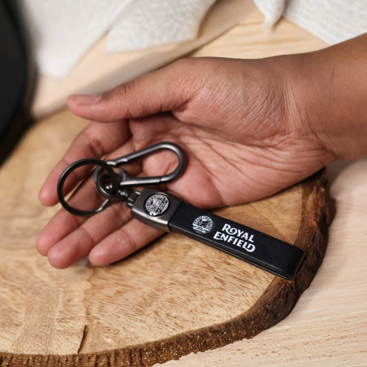 Personalized Royal Enfield Leather Keychain – Custom Engraved Motorcycle Key Holder with Metal Carabiner Clip