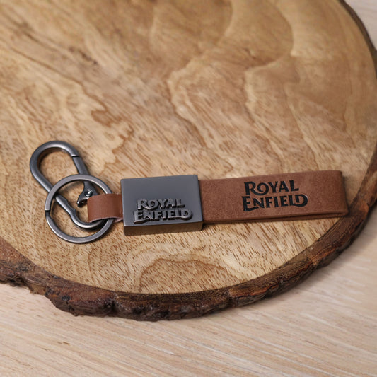 Personalized Royal Enfield Leather Keychain – Custom Engraved Brown Leather Key Holder with Carabiner Clip