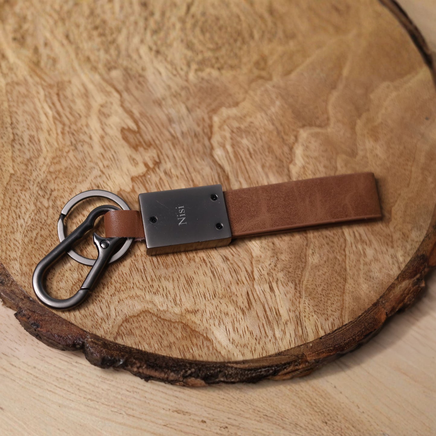 Personalized Royal Enfield Leather Keychain – Custom Engraved Brown Leather Key Holder with Carabiner Clip