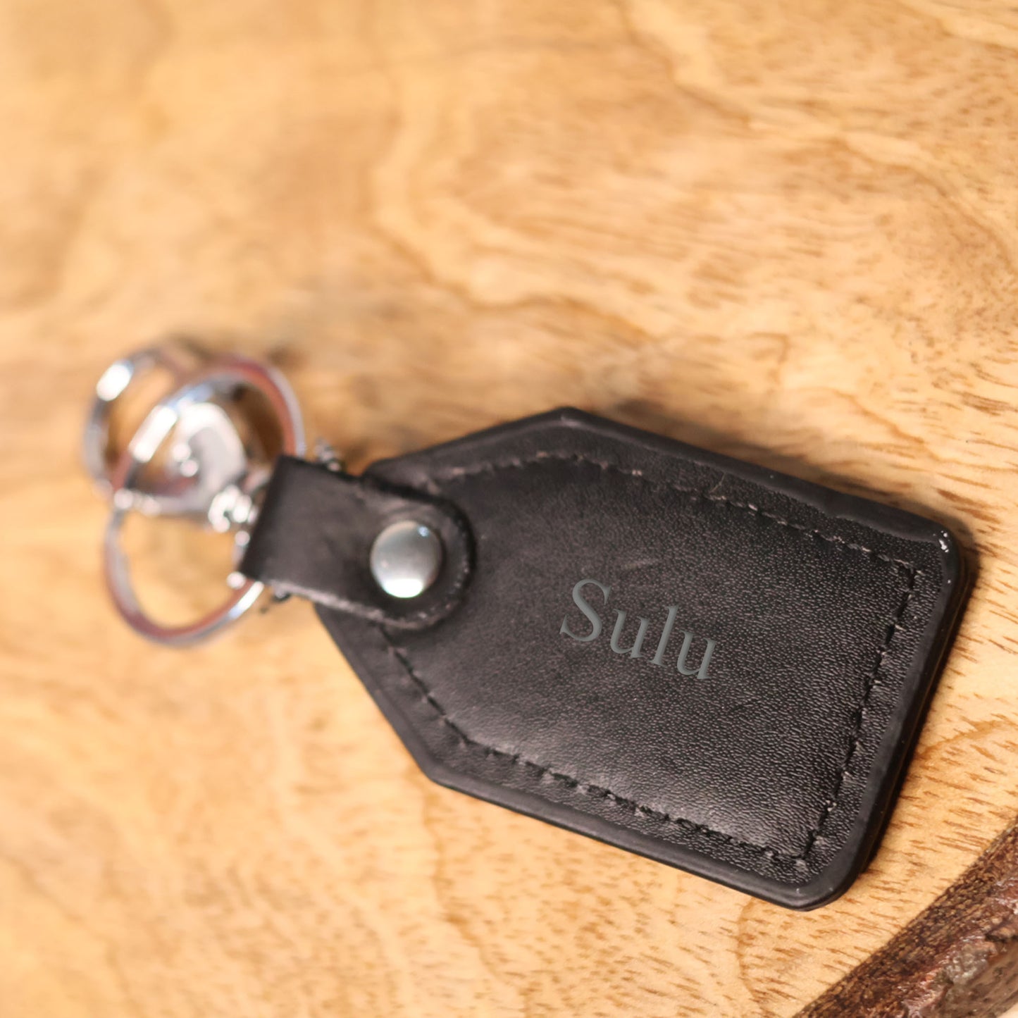 Personalized Royal Enfield Leather Keychain – Custom Engraved Black Leather Key Holder with Metal Clasp
