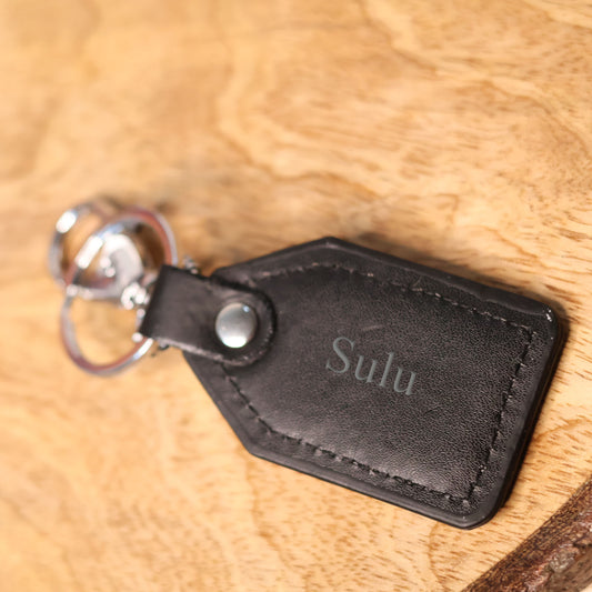 Personalized Royal Enfield Leather Keychain – Custom Engraved Black Leather Key Holder with Metal Clasp