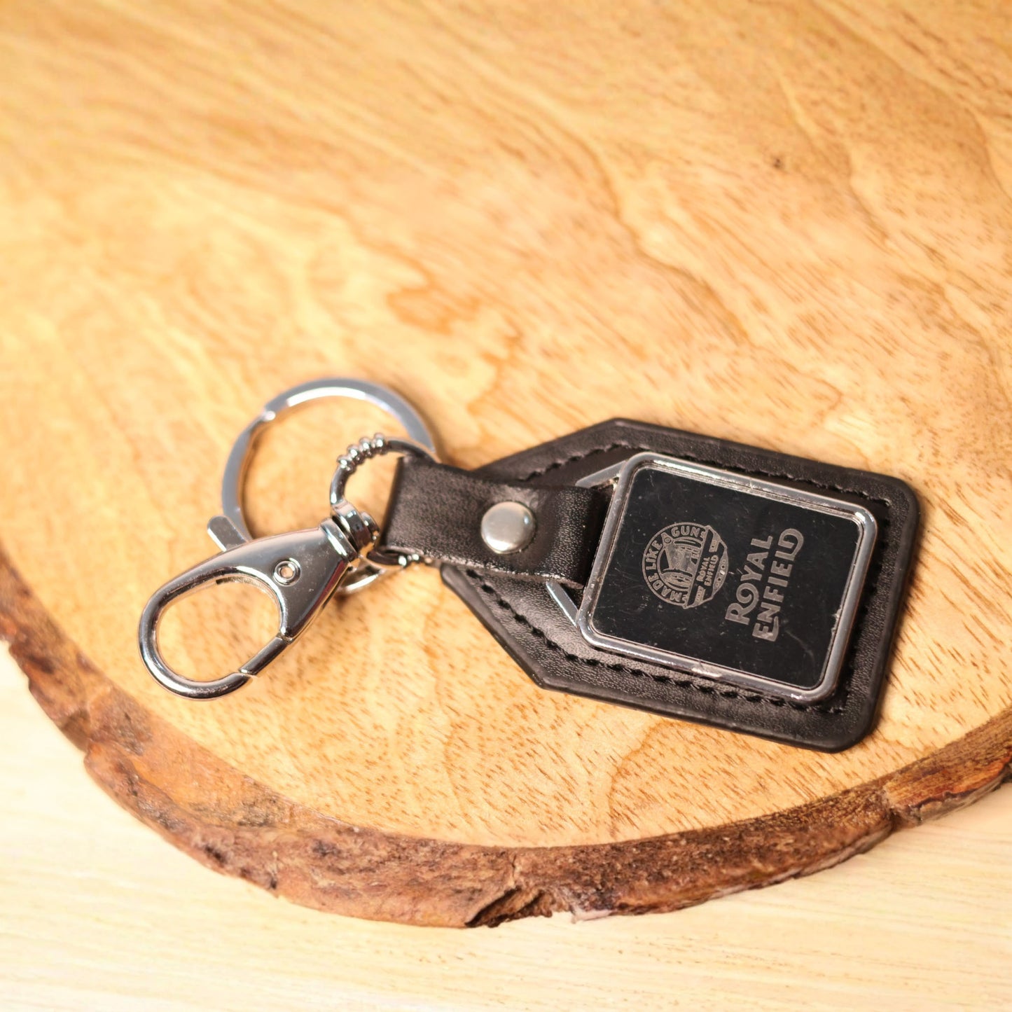 Personalized Royal Enfield Leather Keychain – Custom Engraved Black Leather Key Holder with Metal Clasp
