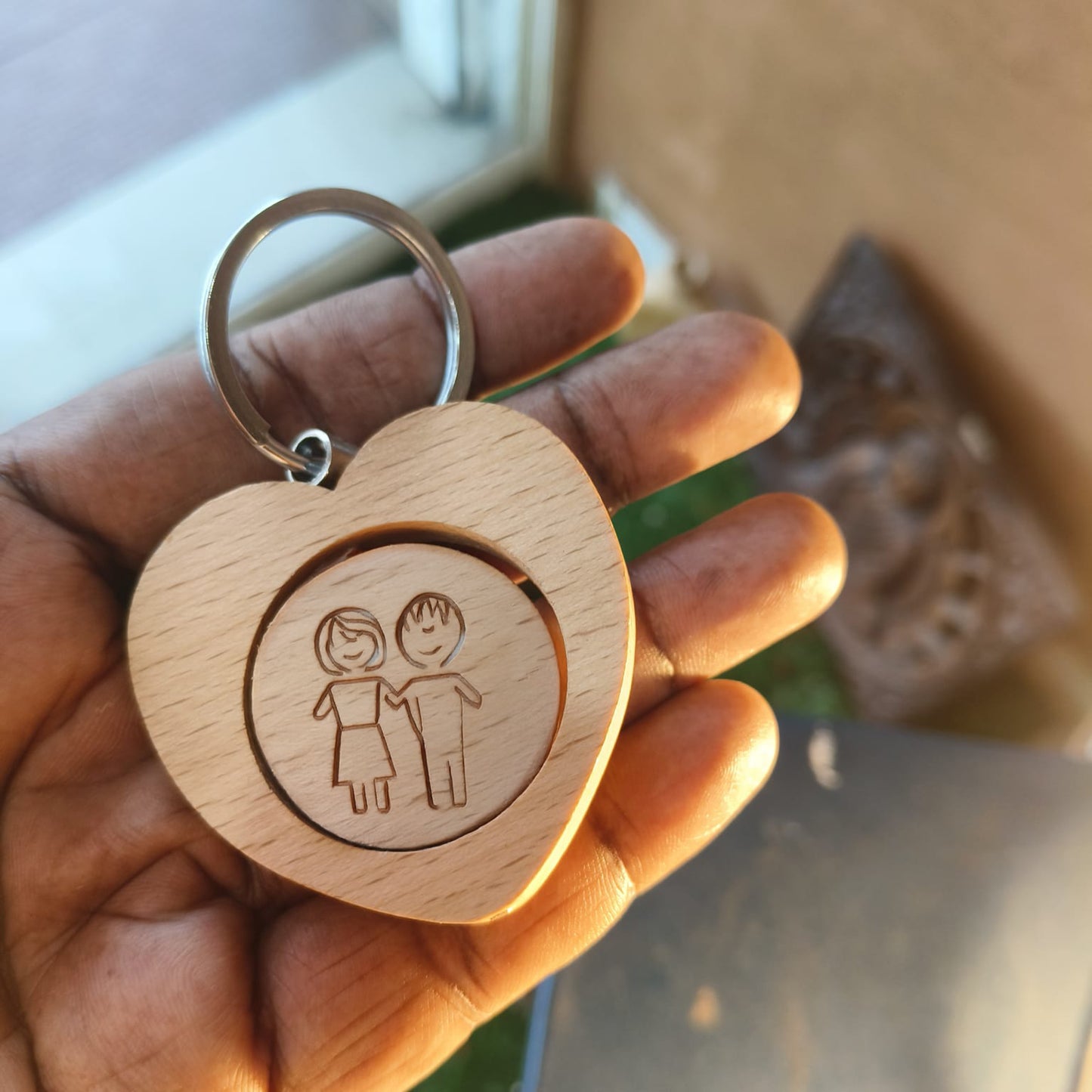 Engraved Wooden Revolving Keychain – Heart Shape (Custom Photo)