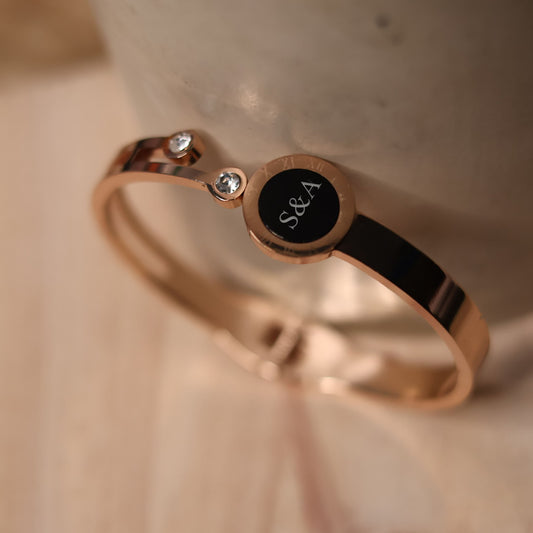 Personalized Rose Gold Open Cuff Bracelet – Custom Initial Engraved Crystal Bangle for Women
