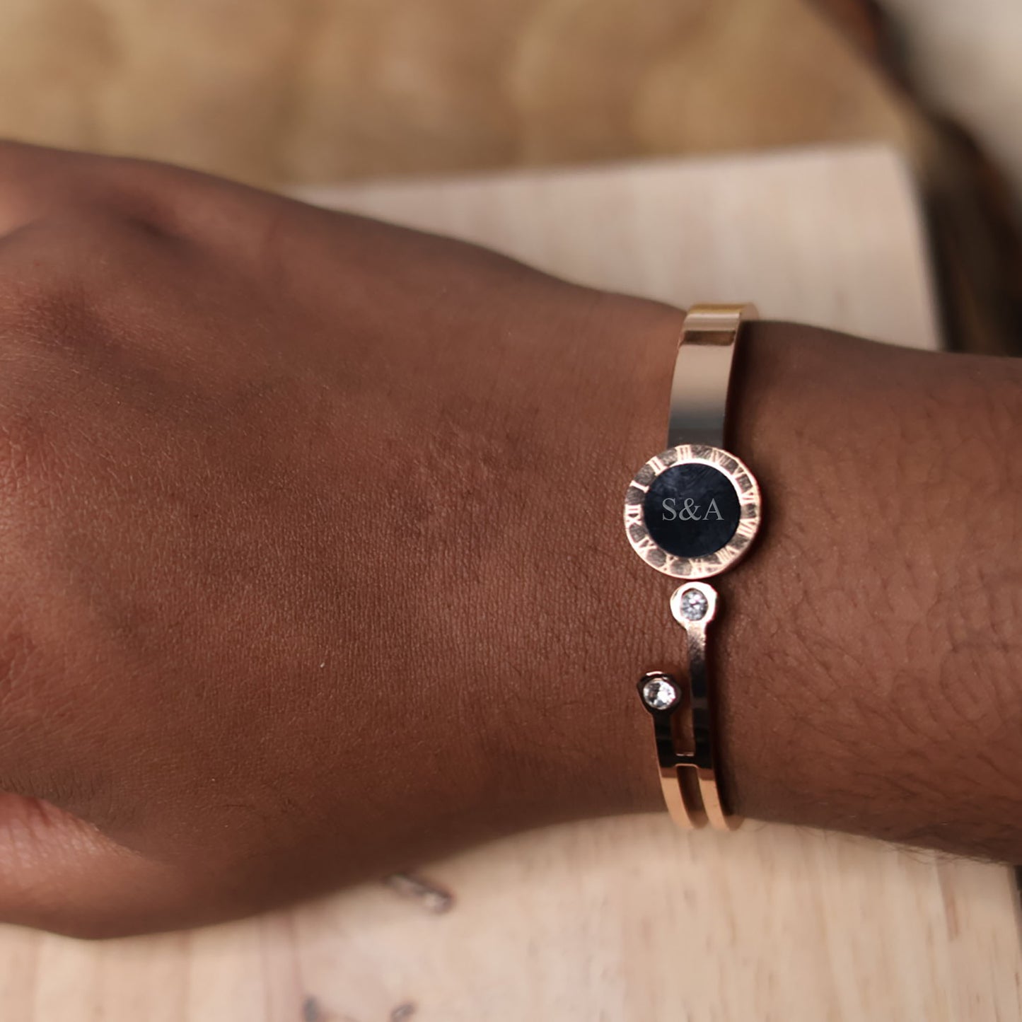 Personalized Rose Gold Open Cuff Bracelet – Custom Initial Engraved Crystal Bangle for Women
