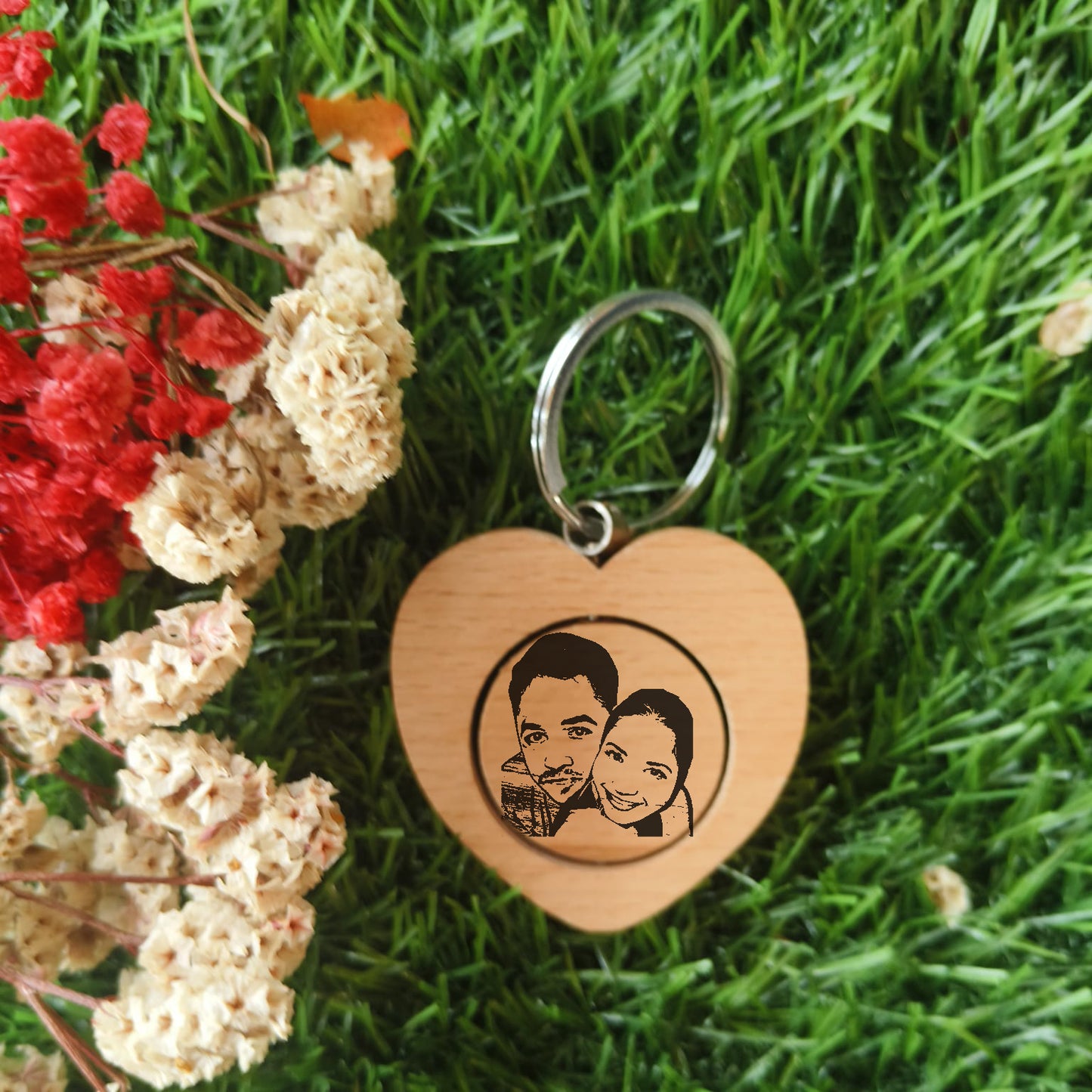 Engraved Wooden Revolving Keychain – Heart Shape (Custom Photo)