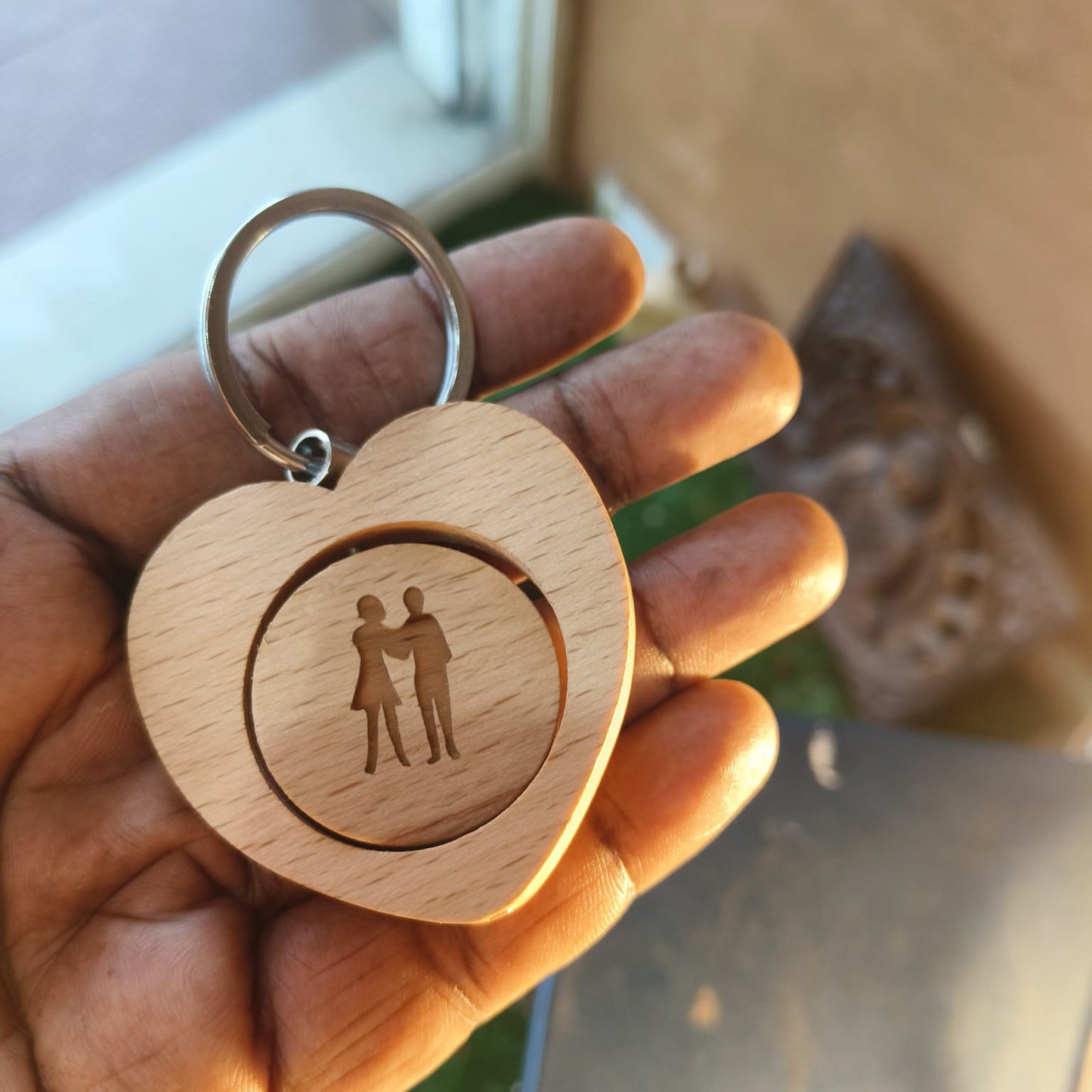 Engraved Wooden Revolving Keychain – Heart Shape (Custom Photo)