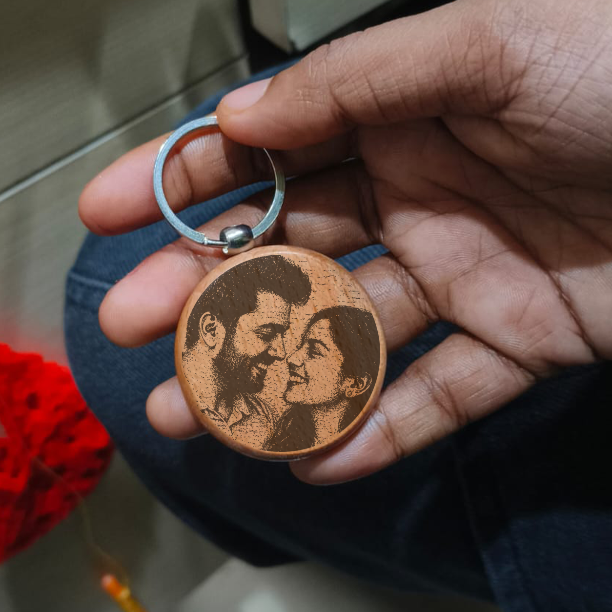 Personalized  Round Wooden Photo Engraved Couple Keychain k1