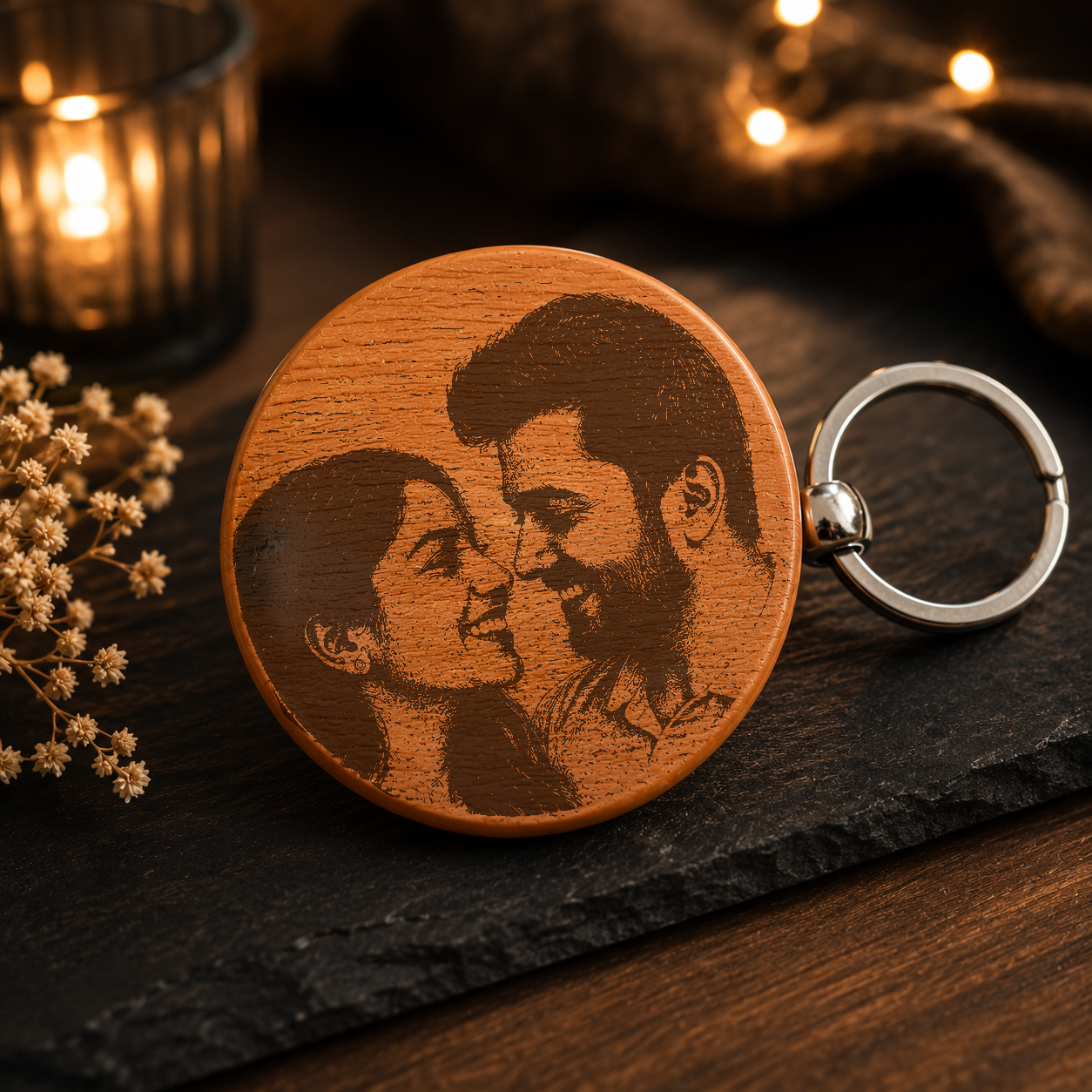 Personalized  Round Wooden Photo Engraved Couple Keychain k1