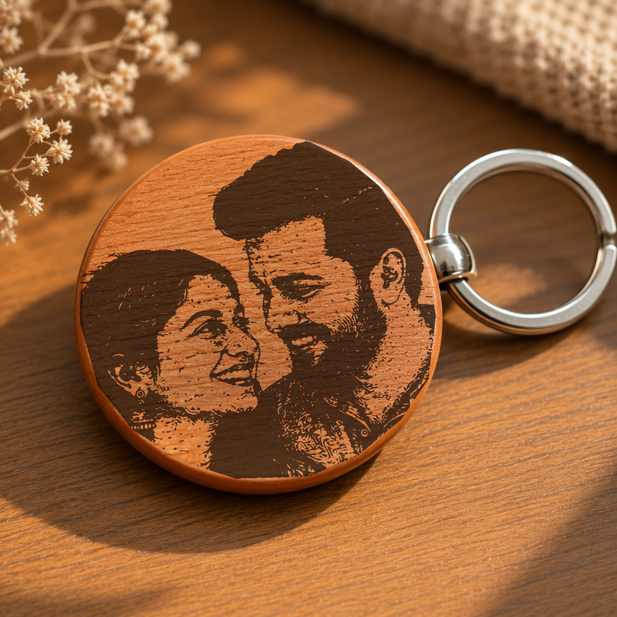 Personalized  Round Wooden Photo Engraved Couple Keychain k1