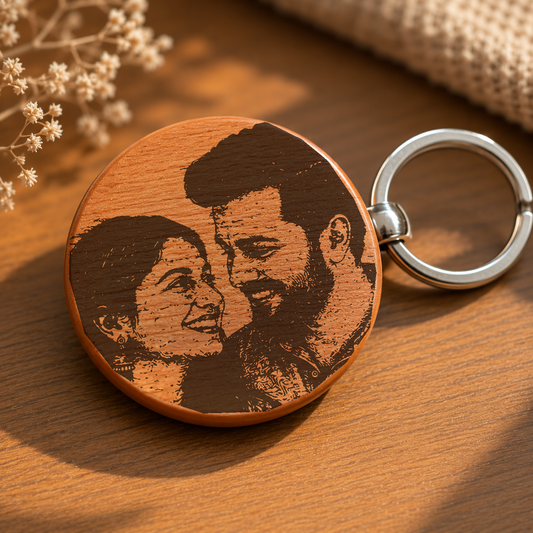 Personalized  Round Wooden Photo Engraved Couple Keychain k1