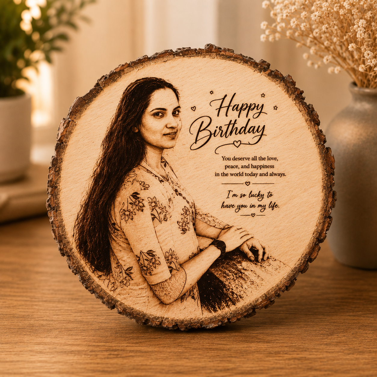 Round Printed Wooden Plaque – Bark Edge 8"