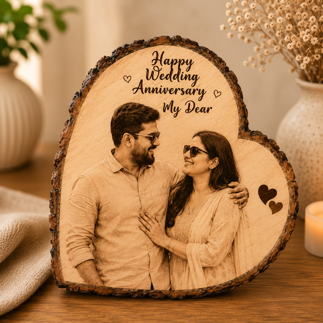 Heart Printed Wooden Plaque – Bark Edge 8"