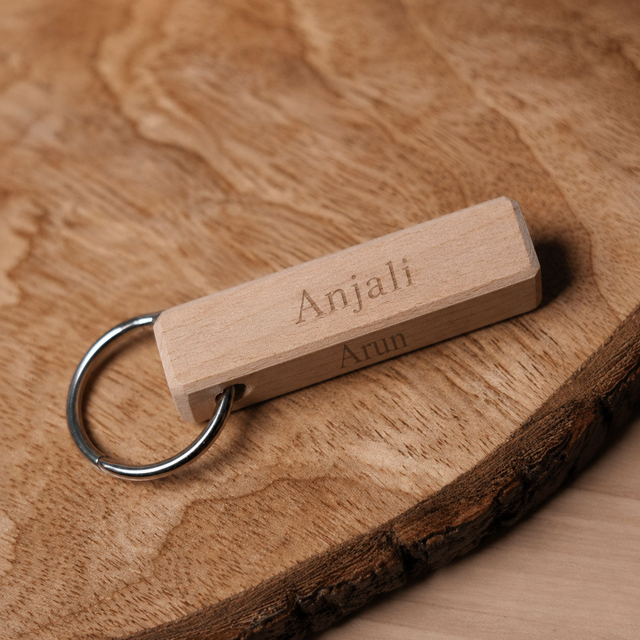 Personalized Wooden Keychain – 4 Side Custom Engraving | Name, Date & Message Keyring